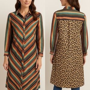 Fashion Express Multicolor Striped Long Shirt Western Stripe & Leopard Back